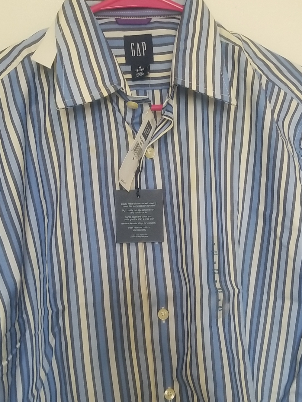GAP Men’s Blue, White, and Gray Vertical Stripe Dress Shirt